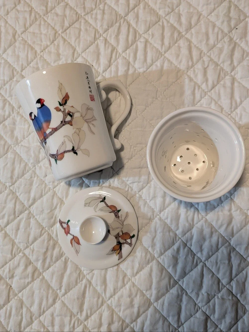 Teavana White Porcelain Tea Infuser Lidded Canister with Blue Bird Motif